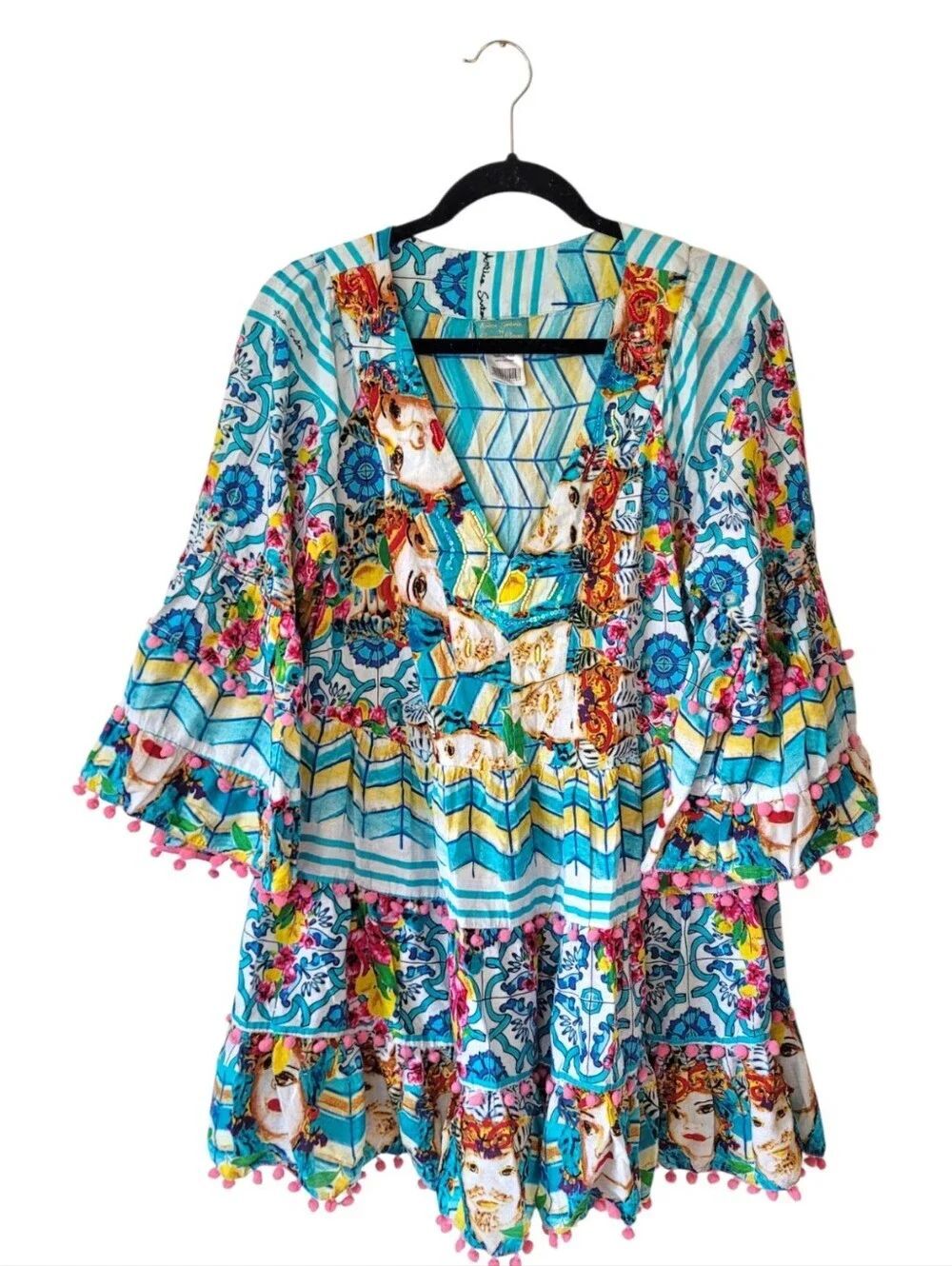 Antica Santoria Vibrant Floral & Stripe Boho Tunic in Turquoise OS